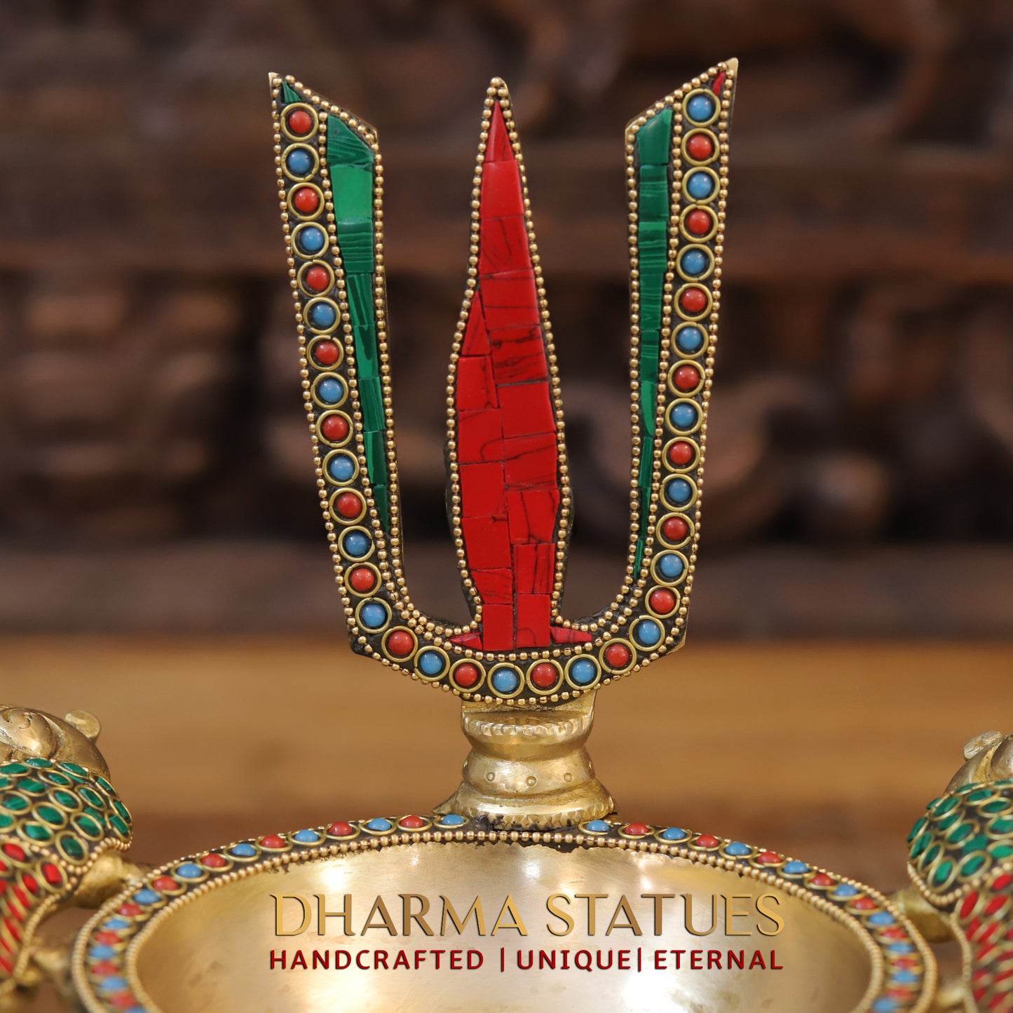 Brass shankh chakra Lamp, Golden & Stonework, 9.5"