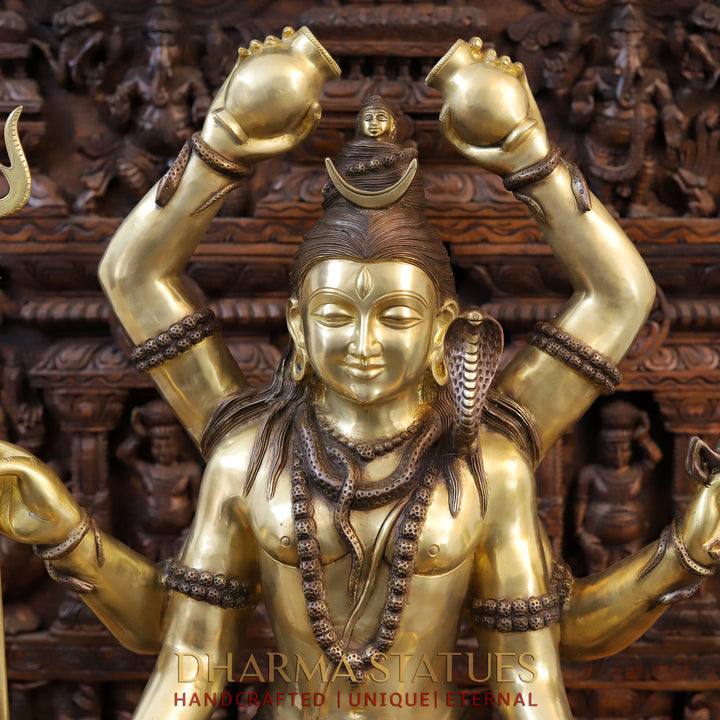 Brass Lord Shiva Statue, Mahamritunjya posture, copper and Gold 31"