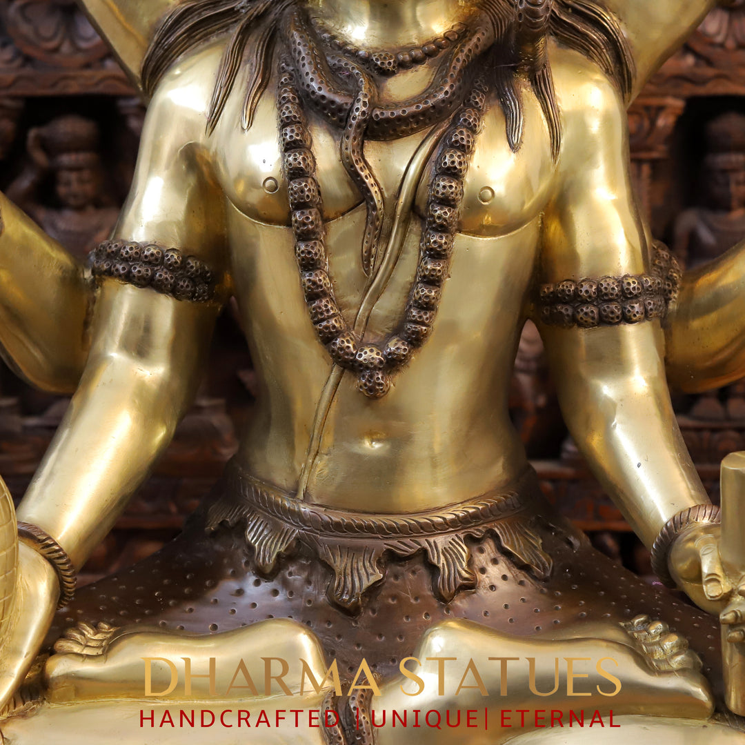 Brass Lord Shiva Statue, Mahamritunjya posture, copper and Gold 31"