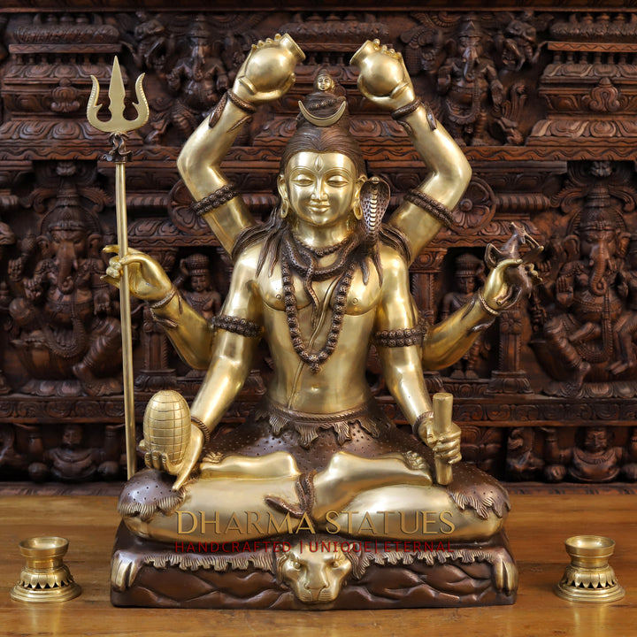 Brass Lord Shiva Statue, Mahamritunjya posture, copper and Gold 31"