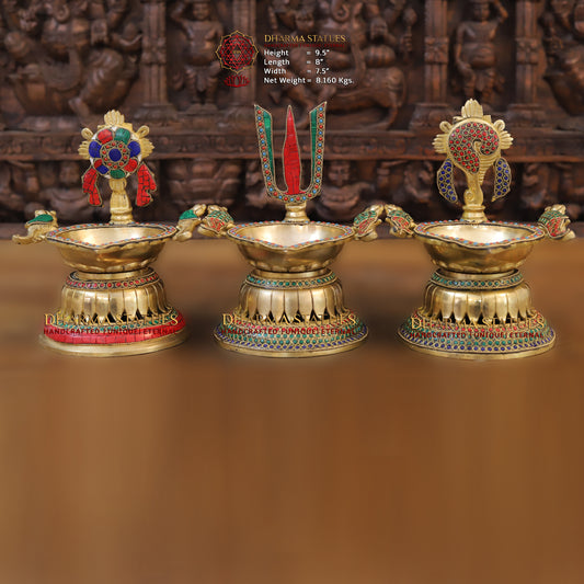 Brass Shankhya Chakra Vishnu Lamps Oil Lamps, Golden & Stonework, 9.5"