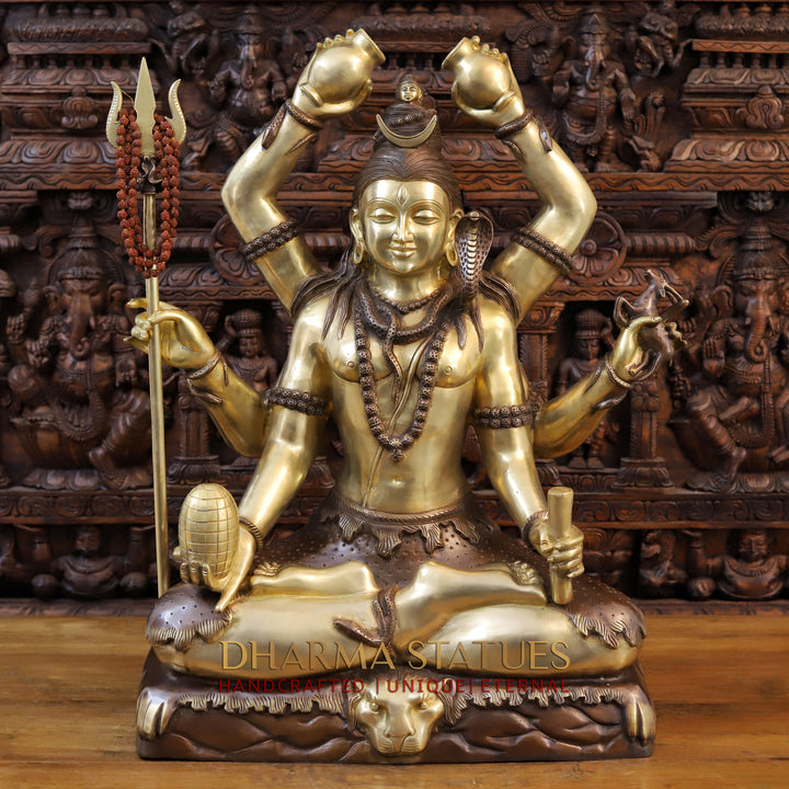 Brass Lord Shiva Statue, Mahamritunjya posture, copper and Gold 31"