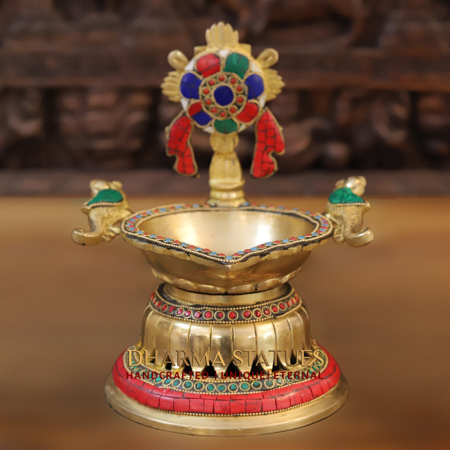 Brass Shankhya Chakra Vishnu Lamps Oil Lamps, Golden & Stonework, 9.5"