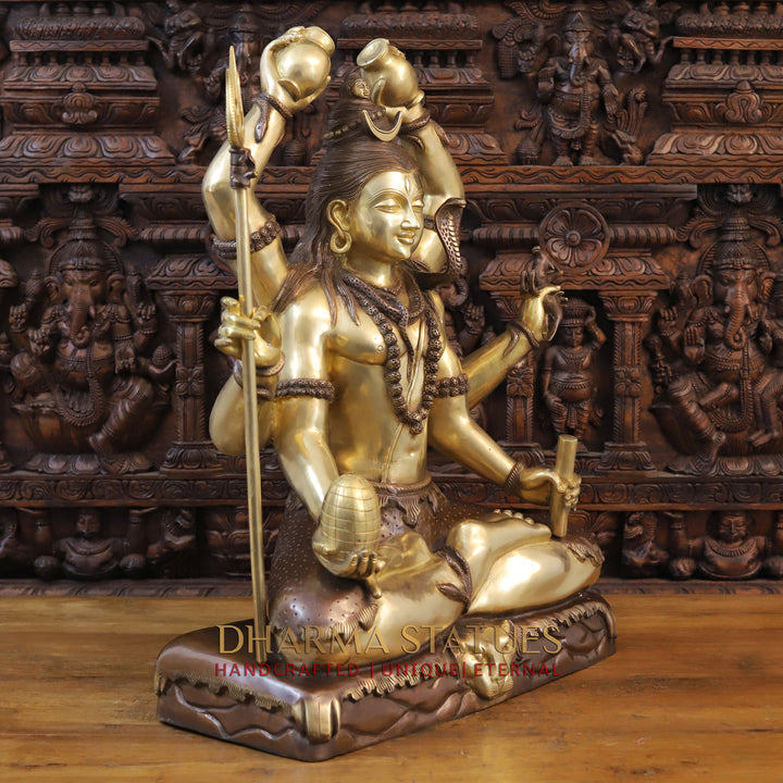 Brass Lord Shiva Statue, Mahamritunjya posture, copper and Gold 31"