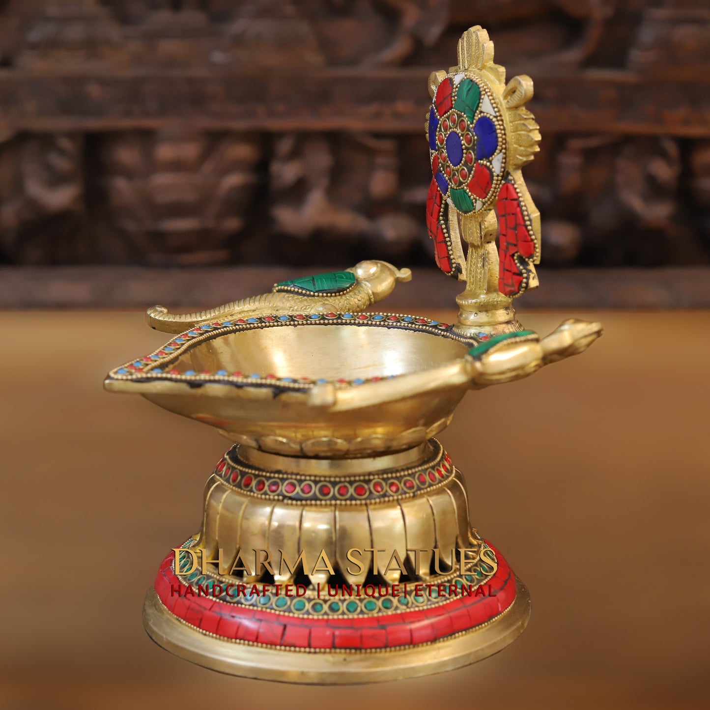Brass Shankhya Chakra Vishnu Lamps Oil Lamps, Golden & Stonework, 9.5"