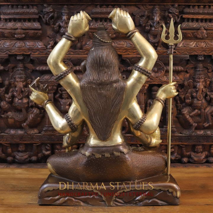 Brass Lord Shiva Statue, Mahamritunjya posture, copper and Gold 31"