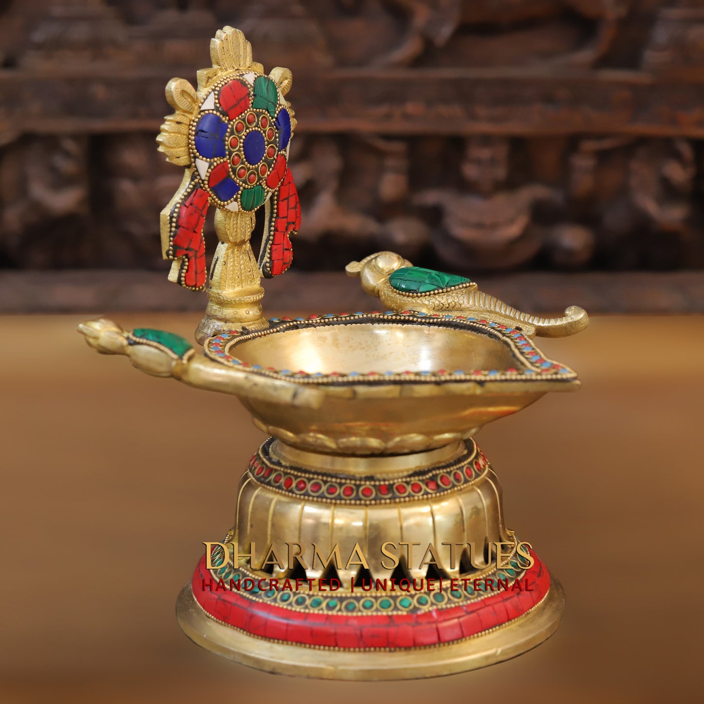 Brass Shankhya Chakra Vishnu Lamps Oil Lamps, Golden & Stonework, 9.5"