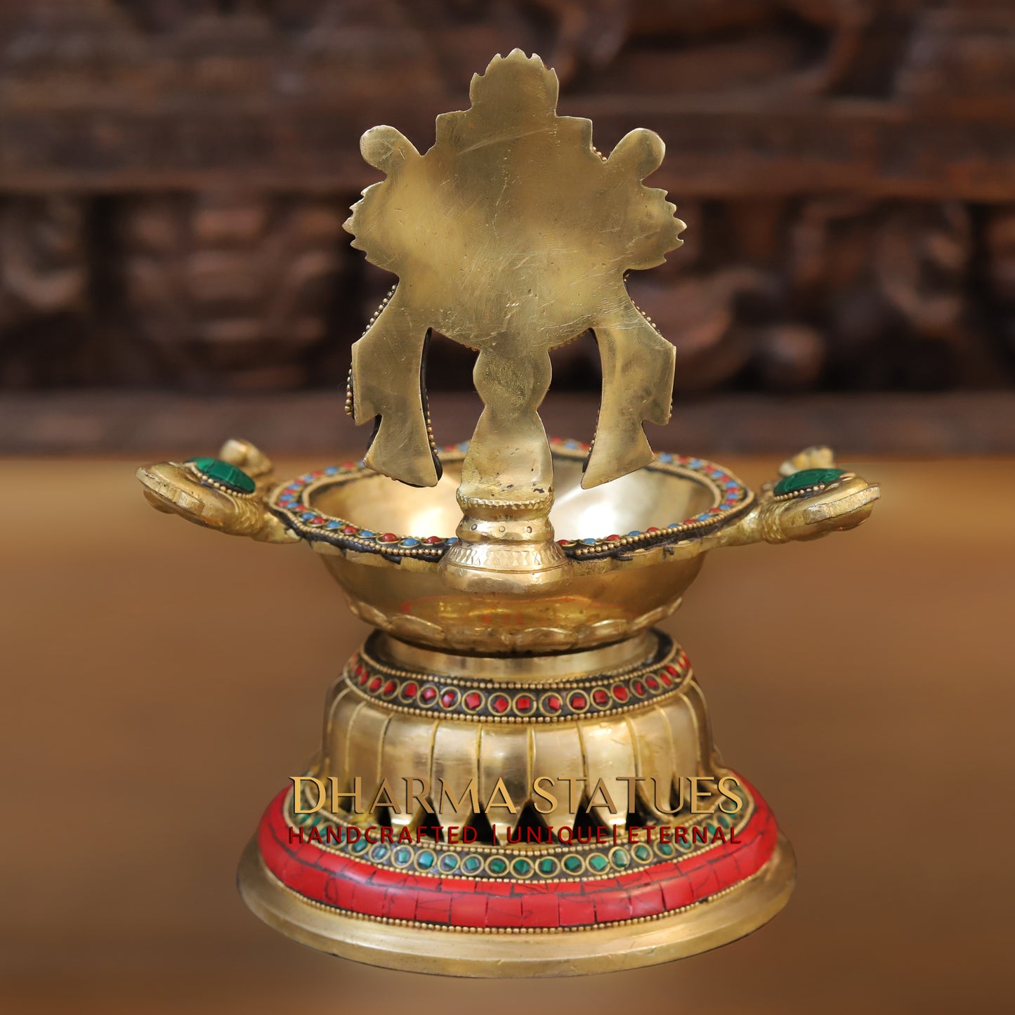 Brass Shankhya Chakra Vishnu Lamps Oil Lamps, Golden & Stonework, 9.5"
