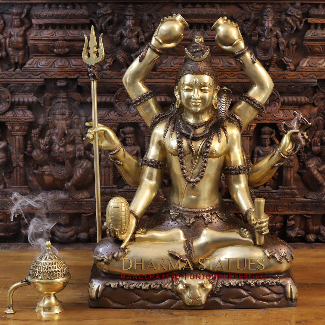 Brass Lord Shiva Statue, Mahamritunjya posture, copper and Gold 31"