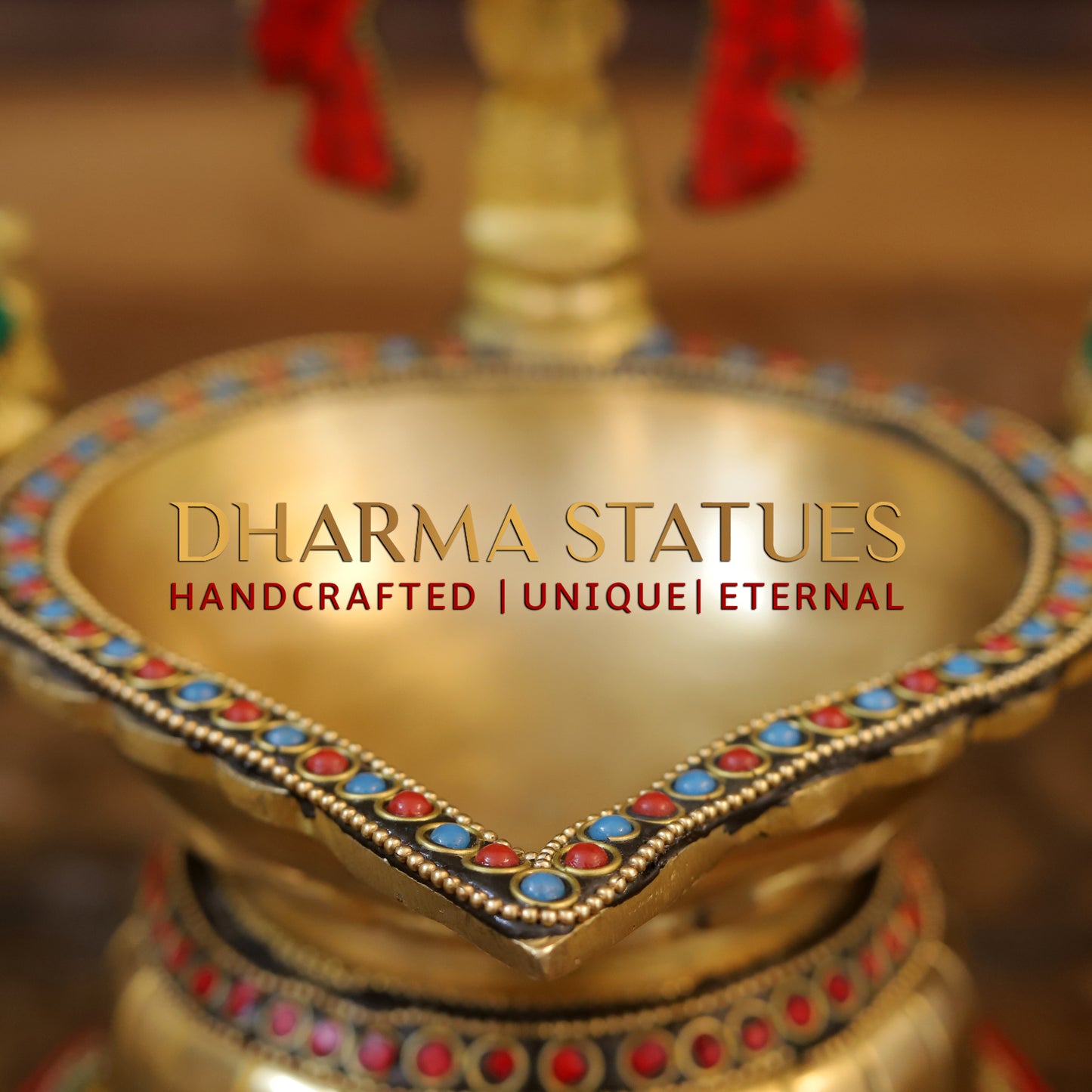 Brass Shankhya Chakra Vishnu Lamps Oil Lamps, Golden & Stonework, 9.5"