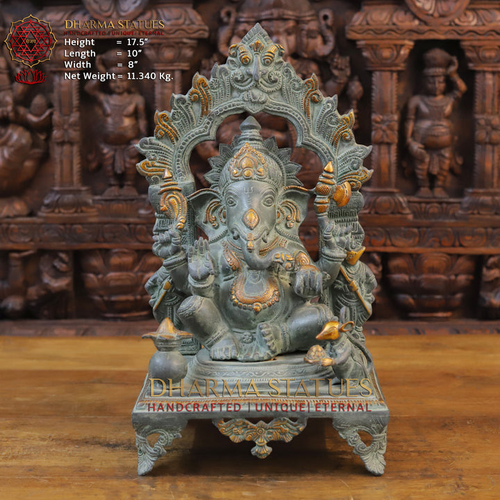 Brass Ganesh Idol, Seated on a Chowki, Green Patina Finish 17.5" Front View