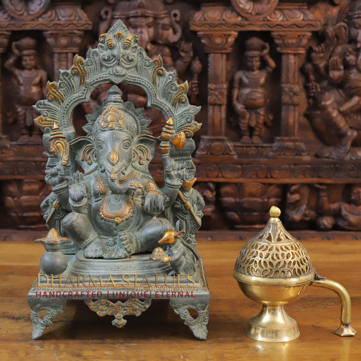 Brass Ganesh Idol, Seated on a Chowki, Green Patina Finish 17.5"