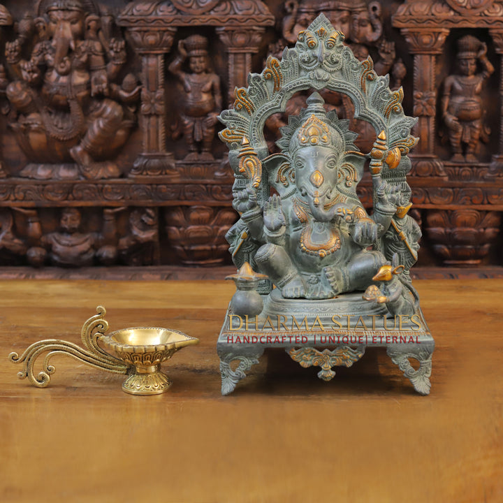 Brass Ganesh Idol, Seated on a Chowki, Green Patina Finish 17.5"