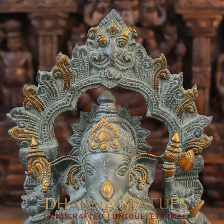 Brass Ganesh Idol, Seated on a Chowki, Green Patina Finish 17.5"