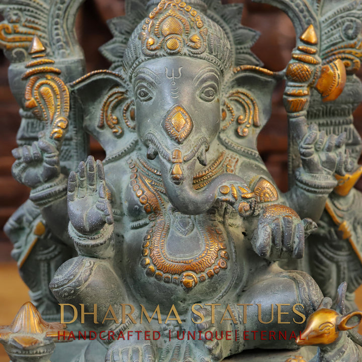 Brass Ganesh Idol, Seated on a Chowki, Green Patina Finish 17.5"