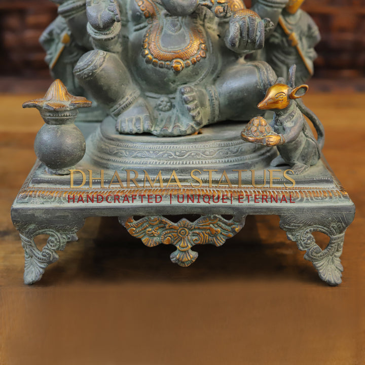 Brass Ganesh Idol, Seated on a Chowki, Green Patina Finish 17.5"