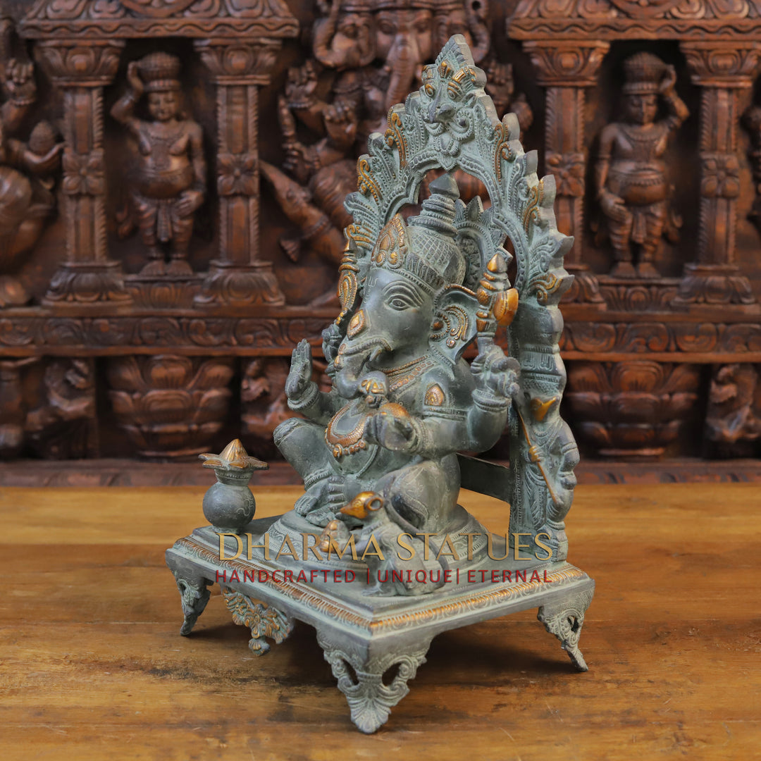 Brass Ganesh Idol, Seated on a Chowki, Green Patina Finish 17.5"