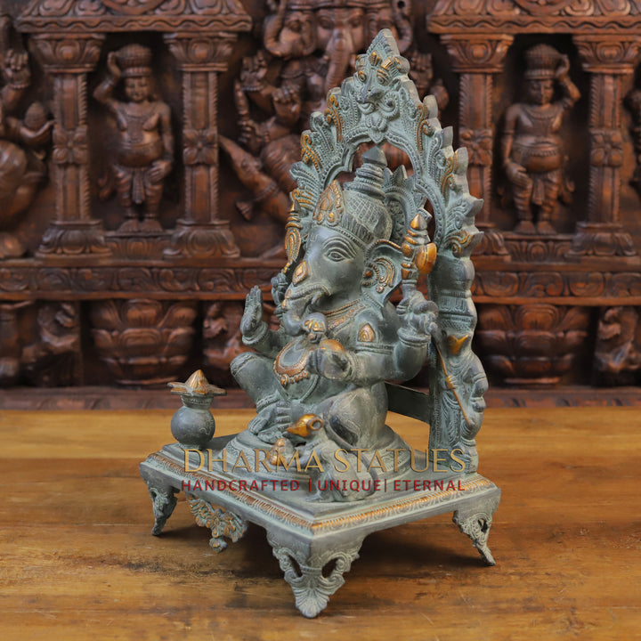 Brass Ganesh Idol, Seated on a Chowki, Green Patina Finish 17.5"