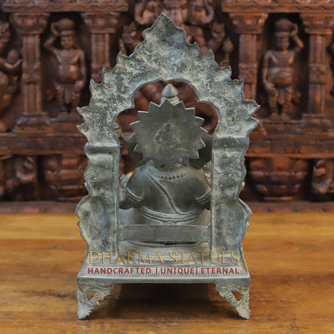 Brass Ganesh Idol, Seated on a Chowki, Green Patina Finish 17.5"