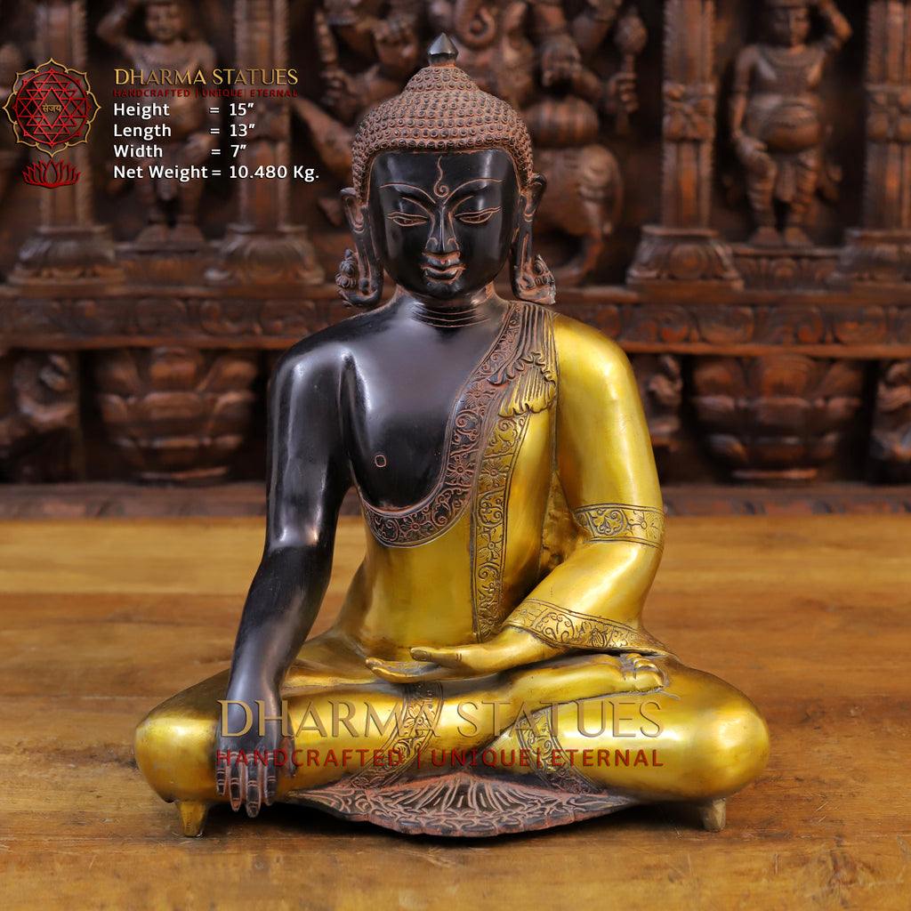 Brass Buddha Idol, Seated, Black patina and Golden Finish 15" Front View