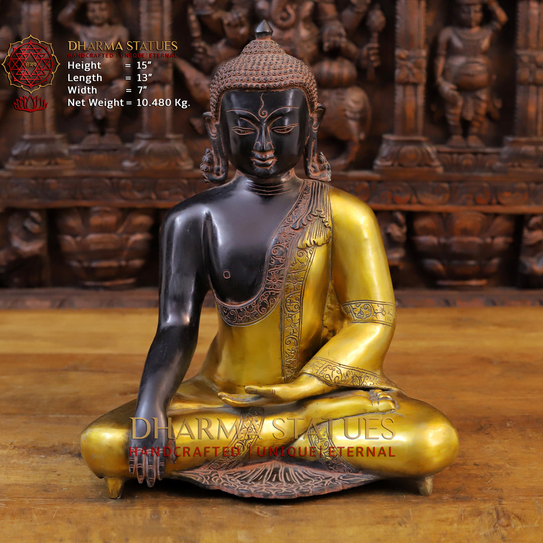 Brass Buddha Idol, Seated, Black patina and Golden Finish 15" Front View