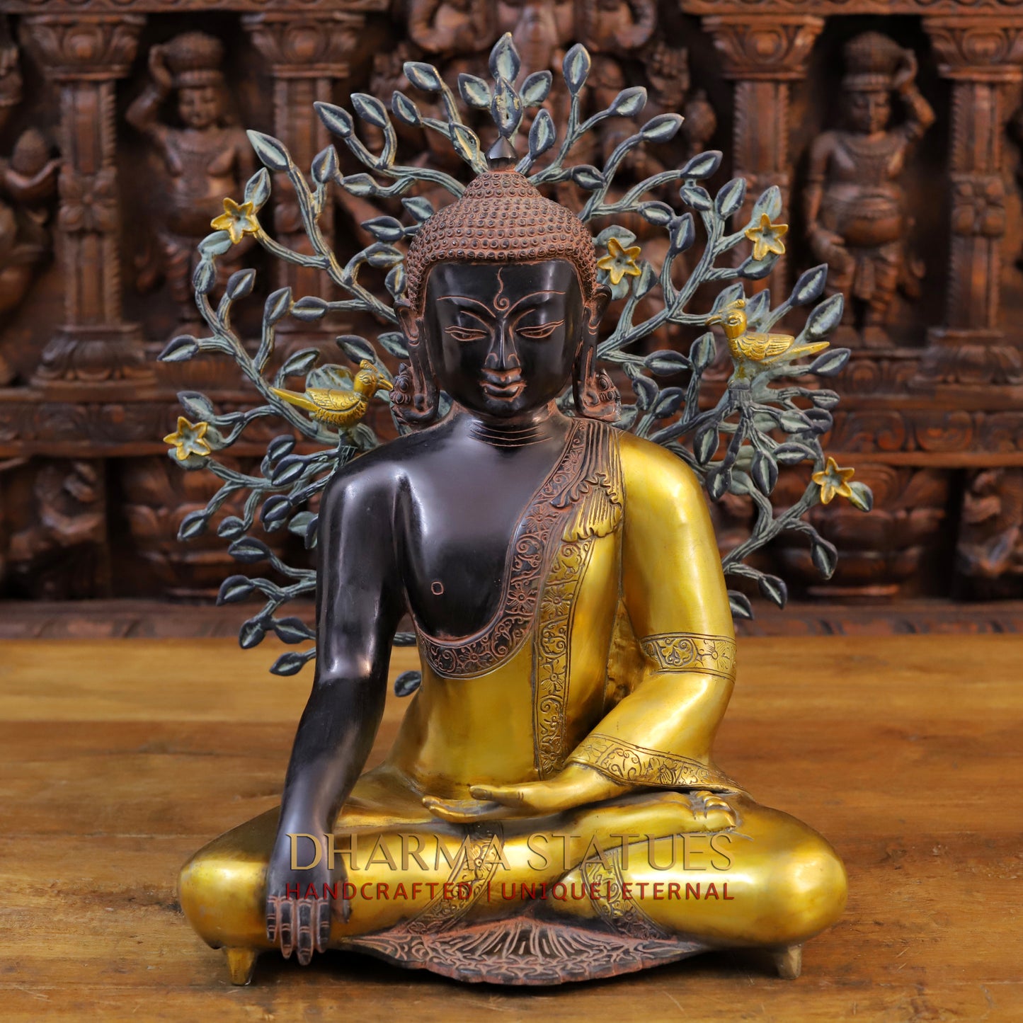 Brass Buddha Idol, Seated, Black patina and Golden Finish 15"