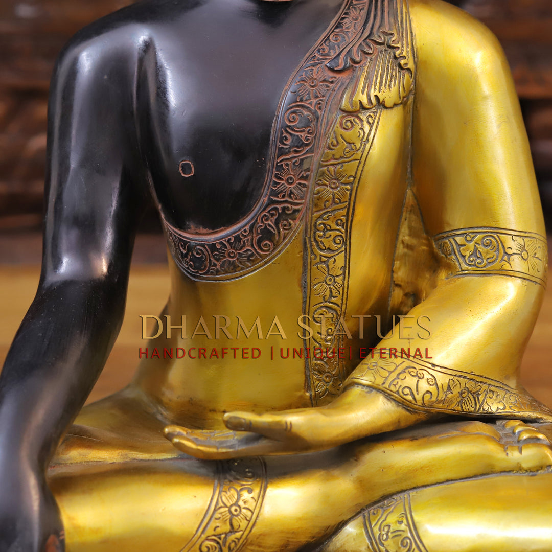 Brass Buddha Idol, Seated, Black patina and Golden Finish 15"