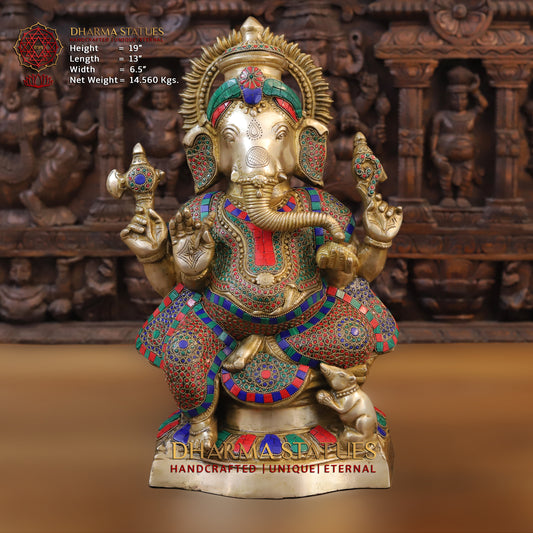 Brass Ganesh seated on Base, Blessing posture, Golden & Stonework, 19"
