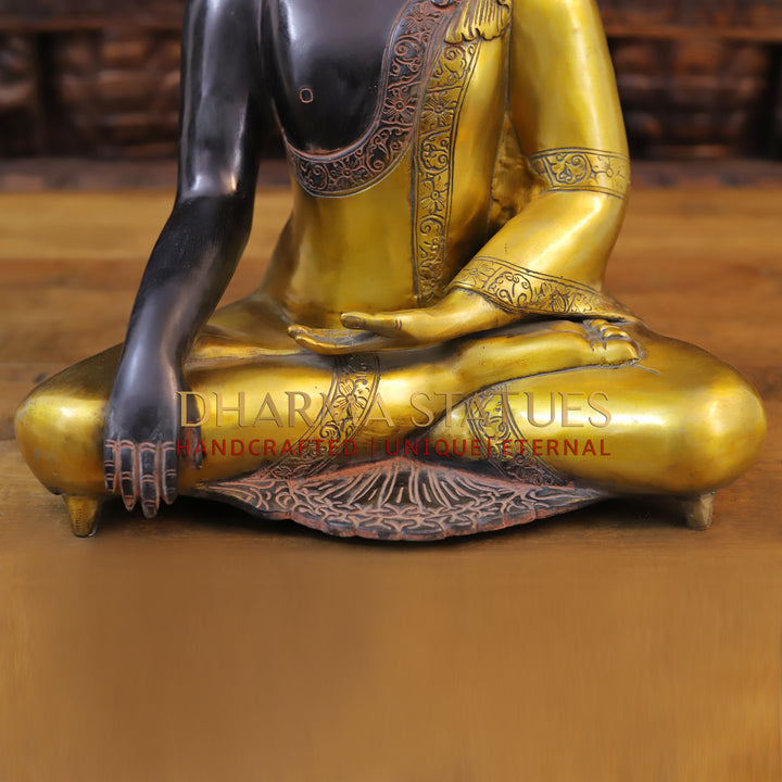 Brass Buddha Idol, Seated, Black patina and Golden Finish 15"