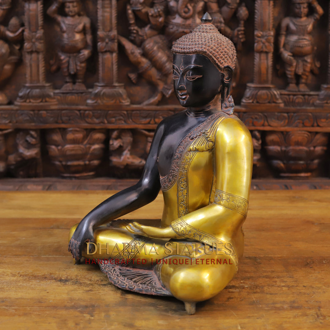 Brass Buddha Idol, Seated, Black patina and Golden Finish 15"