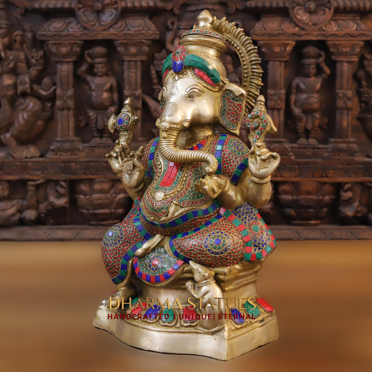 Brass Ganesh seated on Base, Blessing posture, Golden & Stonework, 19"