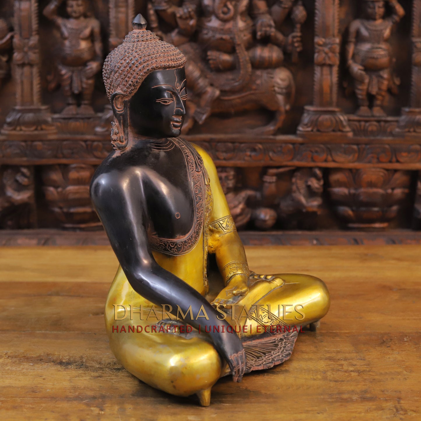 Brass Buddha Idol, Seated, Black patina and Golden Finish 15"