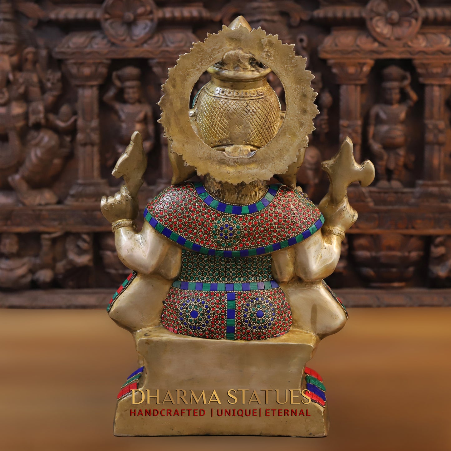 Brass Ganesh seated on Base, Blessing posture, Golden & Stonework, 19"