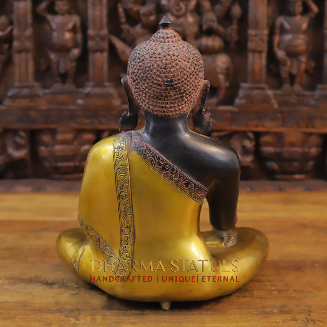 Brass Buddha Idol, Seated, Black patina and Golden Finish 15"