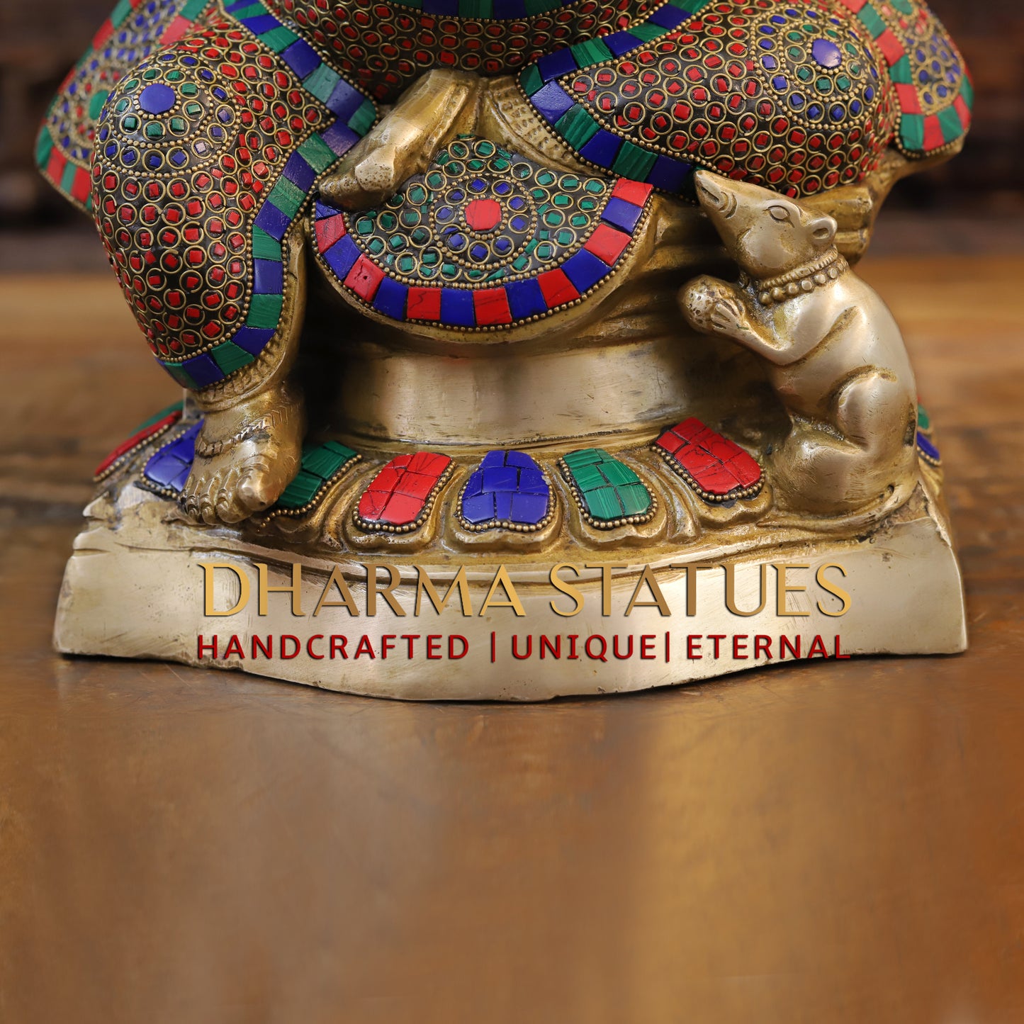 Brass Ganesh seated on Base, Blessing posture, Golden & Stonework, 19"