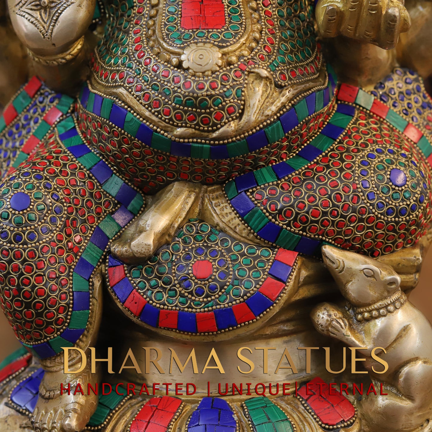 Brass Ganesh seated on Base, Blessing posture, Golden & Stonework, 19"