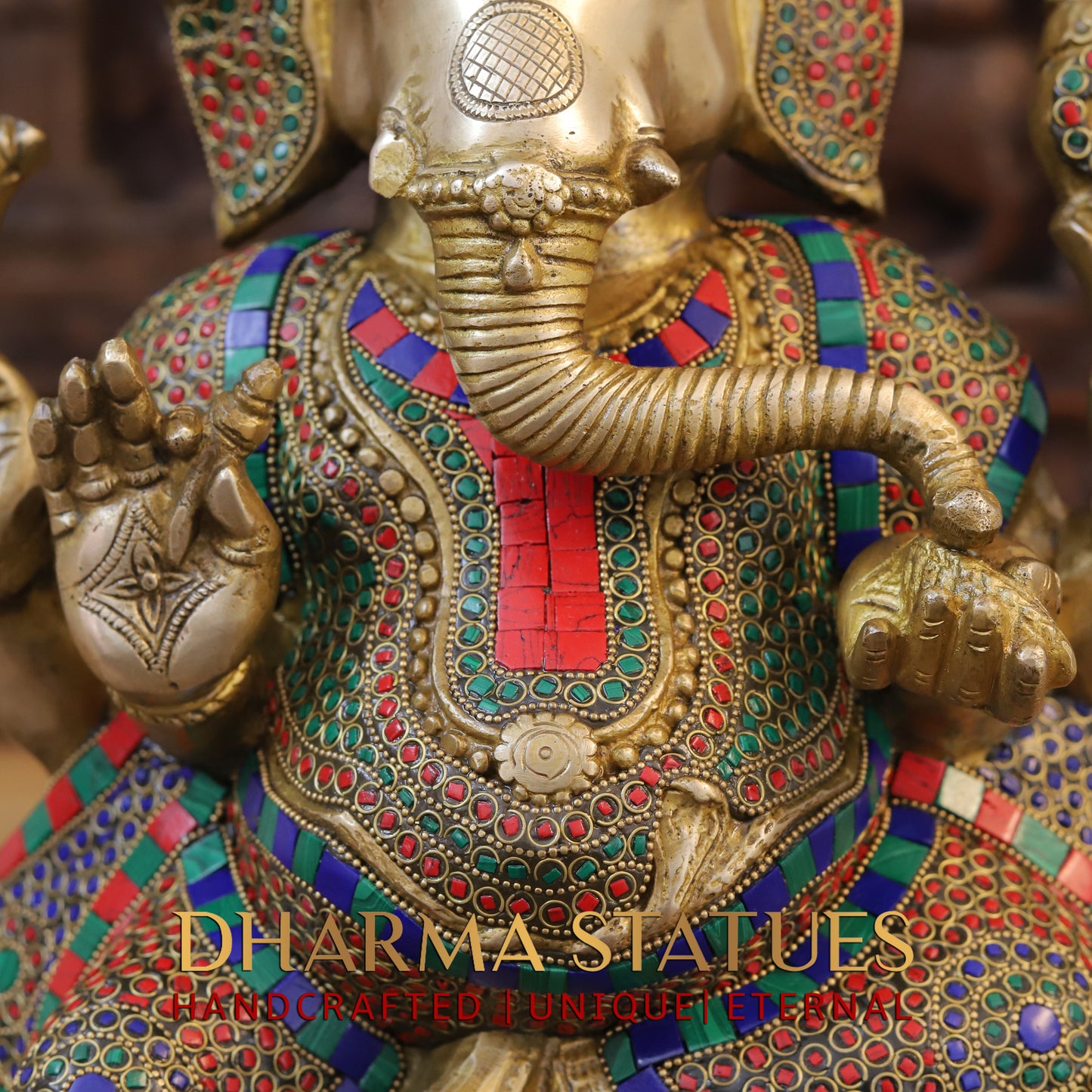 Brass Ganesh seated on Base, Blessing posture, Golden & Stonework, 19"
