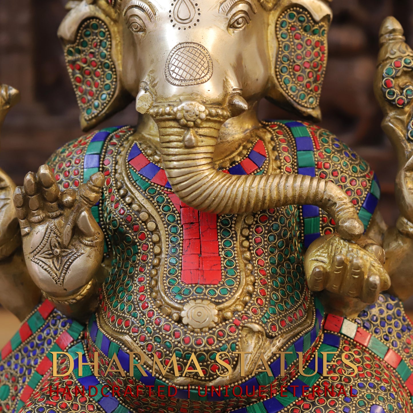 Brass Ganesh seated on Base, Blessing posture, Golden & Stonework, 19"
