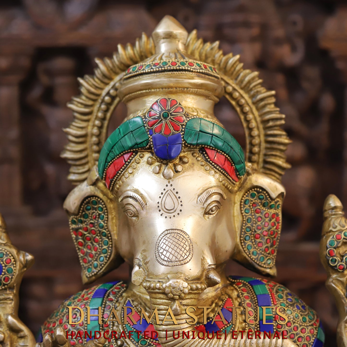 Brass Ganesh seated on Base, Blessing posture, Golden & Stonework, 19"