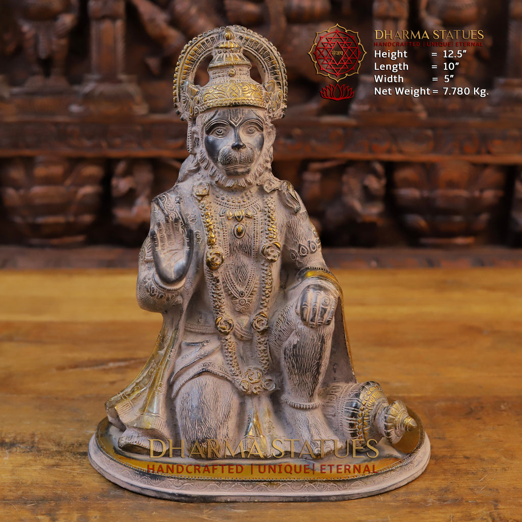 Brass Hanuman Statue, Black patina and Golden Finish 12.5" Front View