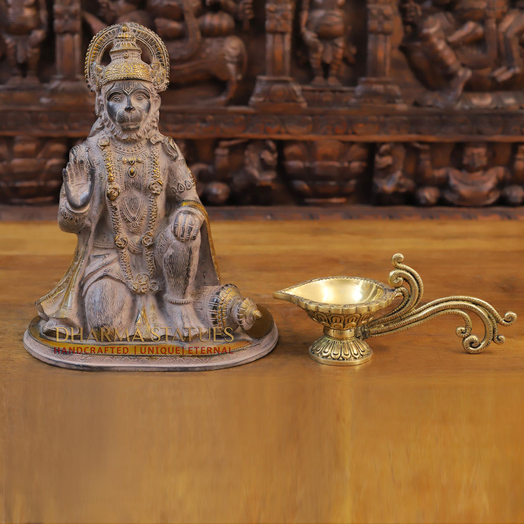 Brass Hanuman Statue, Seated with Black Patina and Radiant Gold, 12.5"