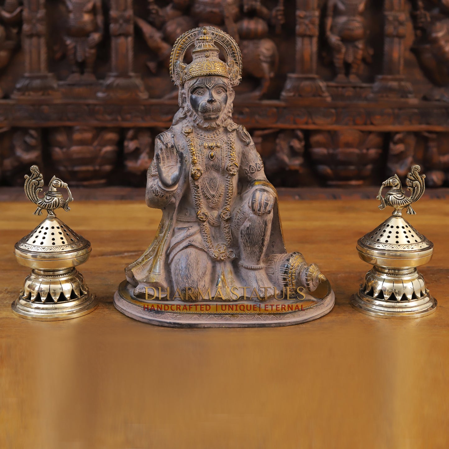 Brass Hanuman Statue, Seated with Black Patina and Radiant Gold, 12.5"