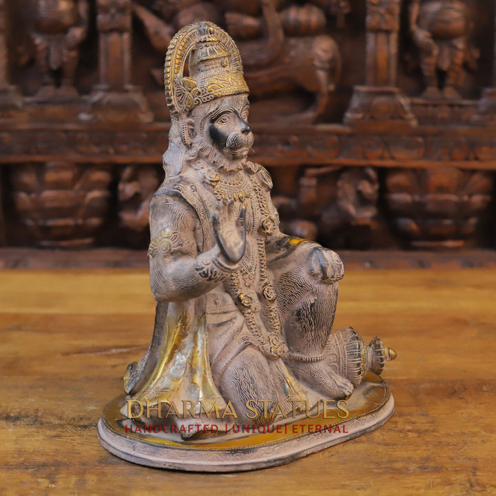 Brass Hanuman Statue, Seated with Black Patina and Radiant Gold, 12.5"