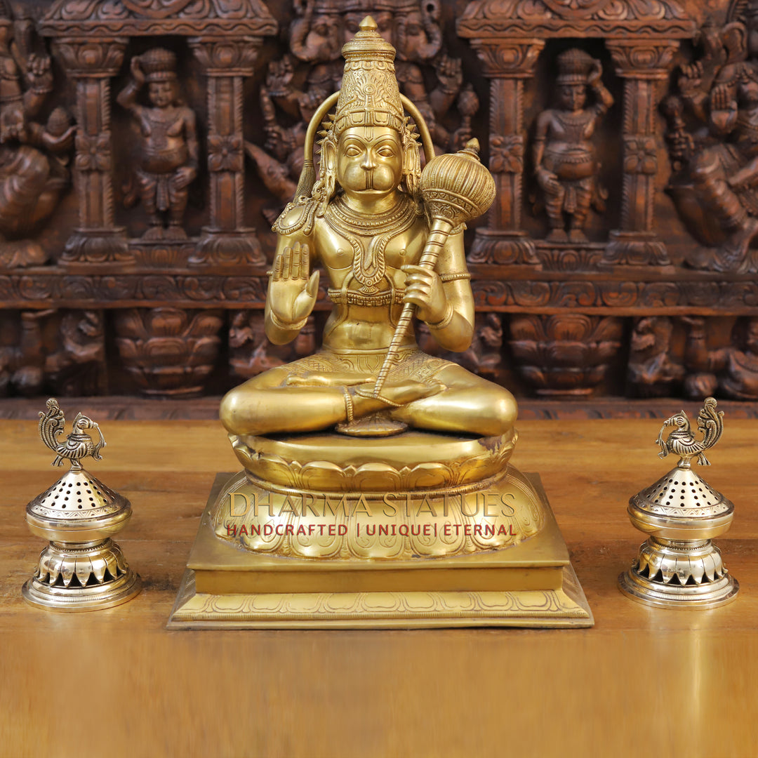 Brass Hanuman Idol, Seated on a Lotus, Fine Golden Finish 18"