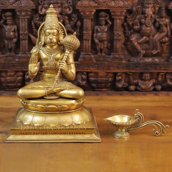 Brass Hanuman Idol, Seated on a Lotus, Fine Golden Finish 18"