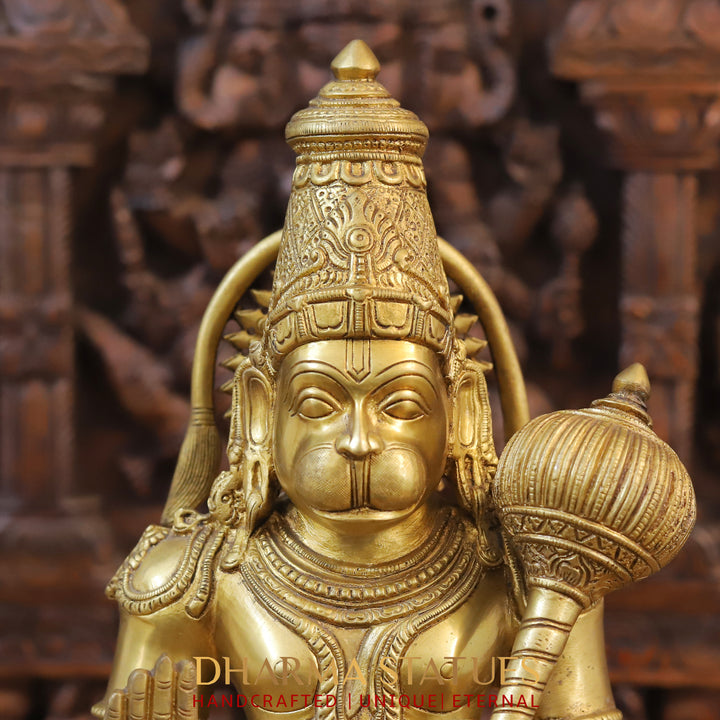 Brass Hanuman Idol, Seated on a Lotus, Fine Golden Finish 18"