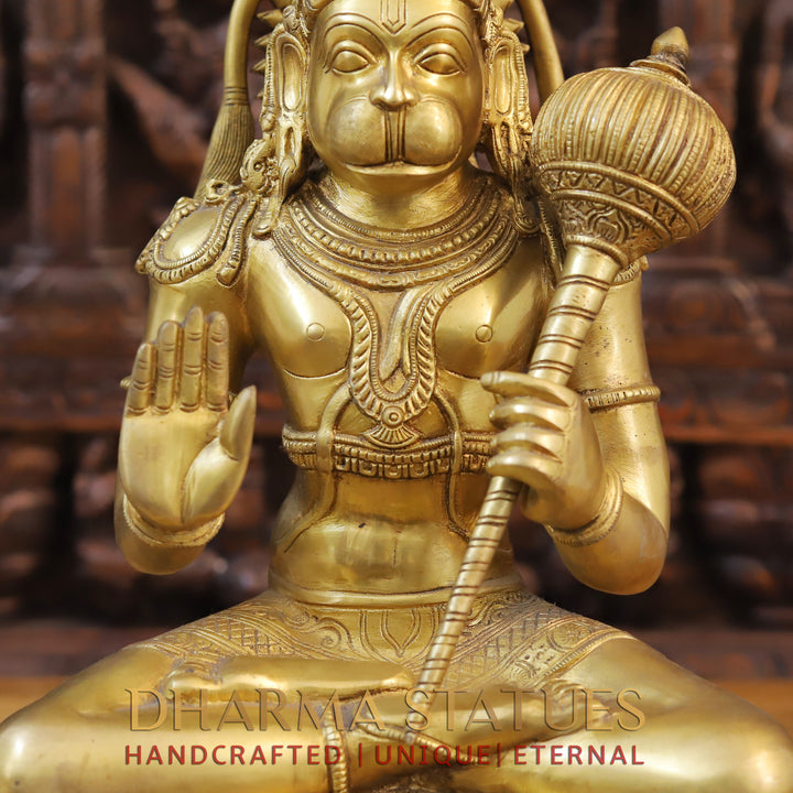 Brass Hanuman Idol, Seated on a Lotus, Fine Golden Finish 18"