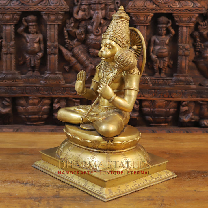 Brass Hanuman Idol, Seated on a Lotus, Fine Golden Finish 18"