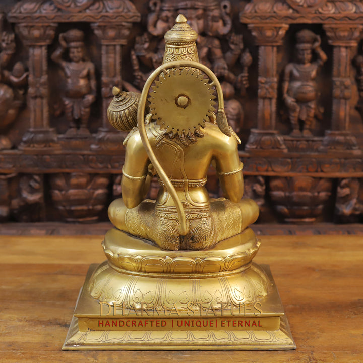 Brass Hanuman Idol, Seated on a Lotus, Fine Golden Finish 18"