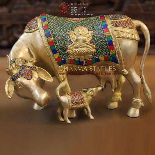 Brass Cow With Calf Idol Lakshmi Ji Engraved, Golden Finish & Stonework, 8.5"